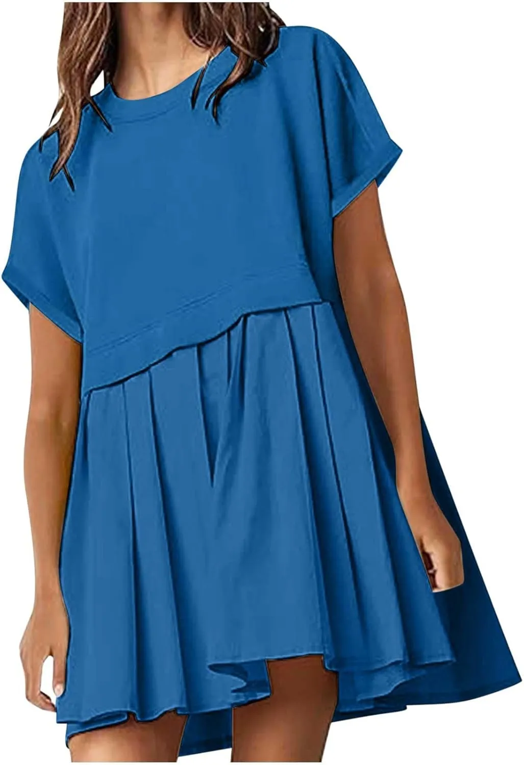 Womens Summer Crew Neck Short Sleeve Dress Classic Patchwork Pleated Flowy Swing Boho Beach A Line Mini Dresses