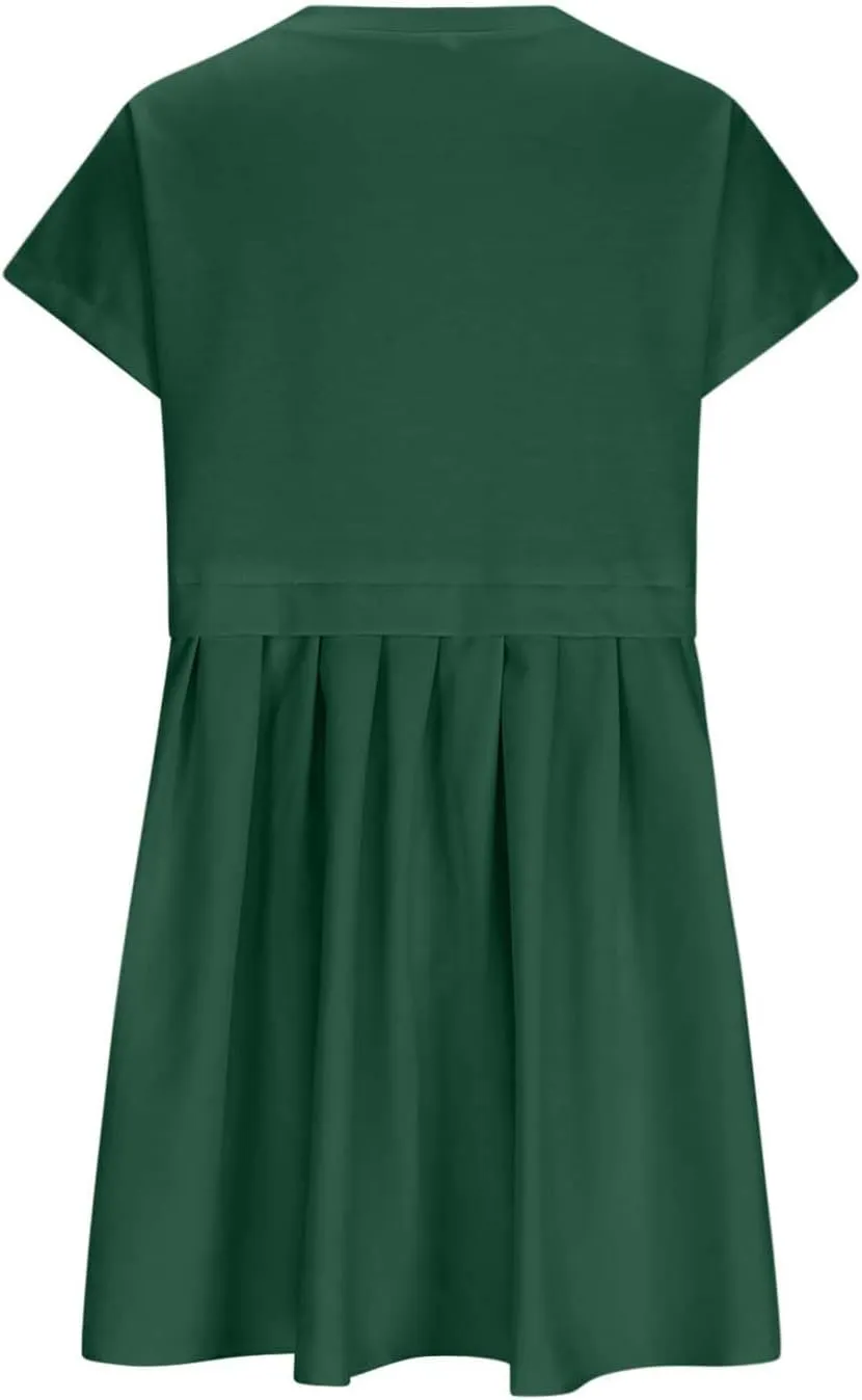 Womens Summer Crew Neck Short Sleeve Dress Classic Patchwork Pleated Flowy Swing Boho Beach A Line Mini Dresses