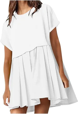 Womens Summer Crew Neck Short Sleeve Dress Classic Patchwork Pleated Flowy Swing Boho Beach A Line Mini Dresses