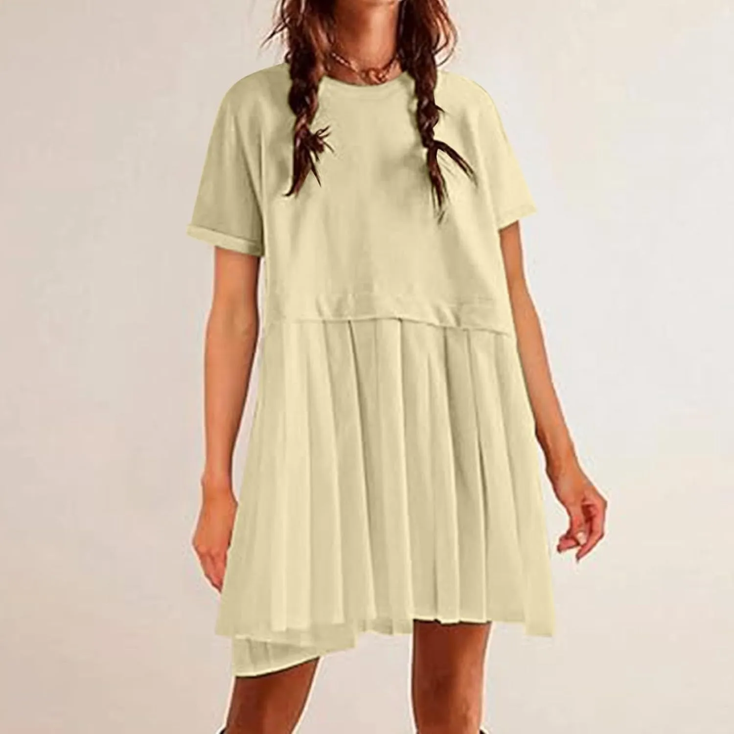 Womens Summer Crew Neck Short Sleeve Dress Classic Patchwork Pleated Flowy Swing Boho Beach A Line Mini Dresses