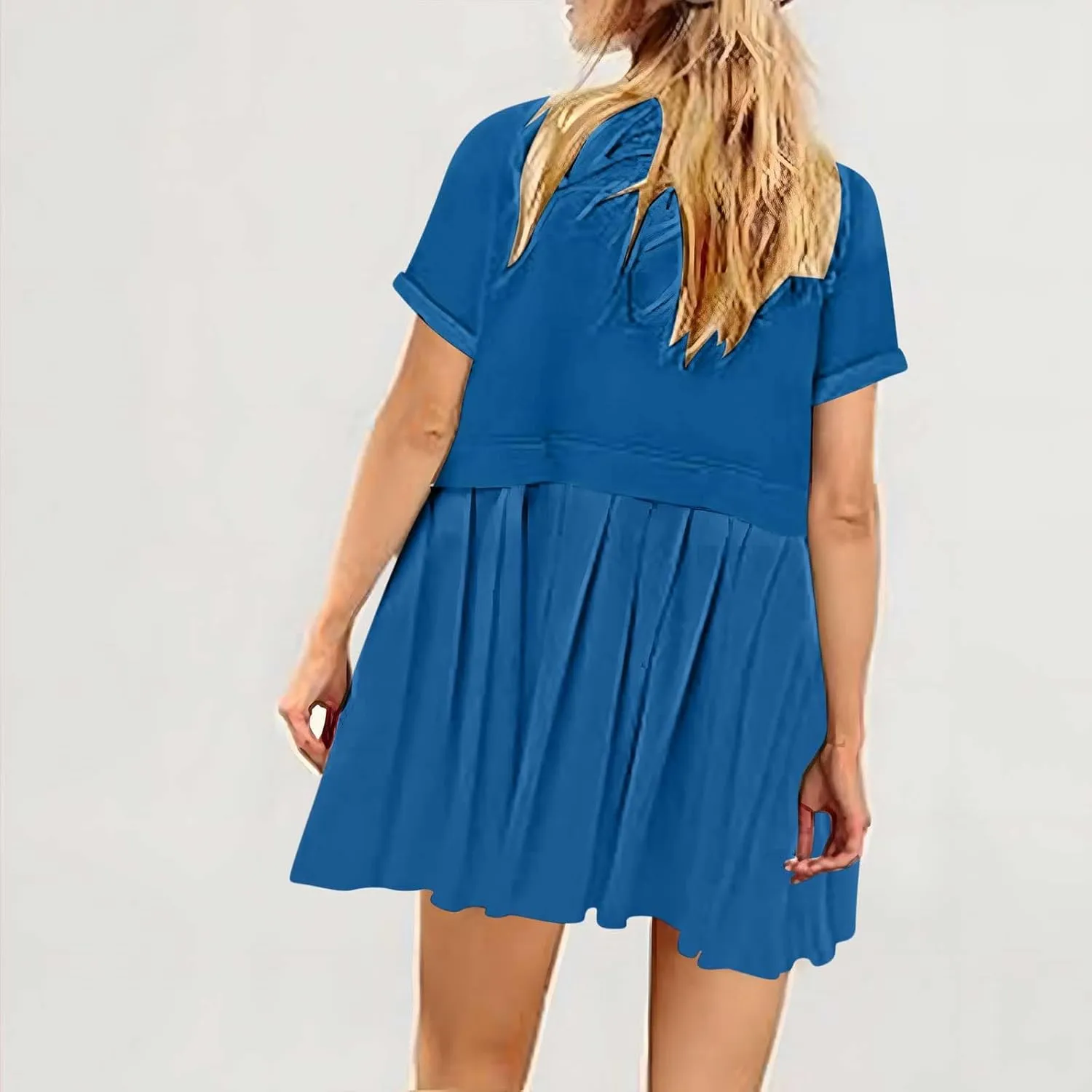 Womens Summer Crew Neck Short Sleeve Dress Classic Patchwork Pleated Flowy Swing Boho Beach A Line Mini Dresses