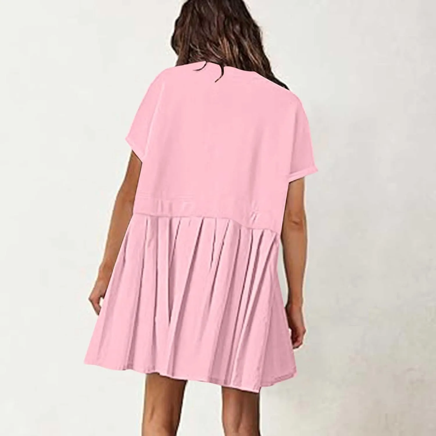 Womens Summer Crew Neck Short Sleeve Dress Classic Patchwork Pleated Flowy Swing Boho Beach A Line Mini Dresses