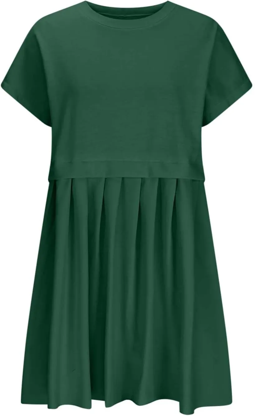 Womens Summer Crew Neck Short Sleeve Dress Classic Patchwork Pleated Flowy Swing Boho Beach A Line Mini Dresses