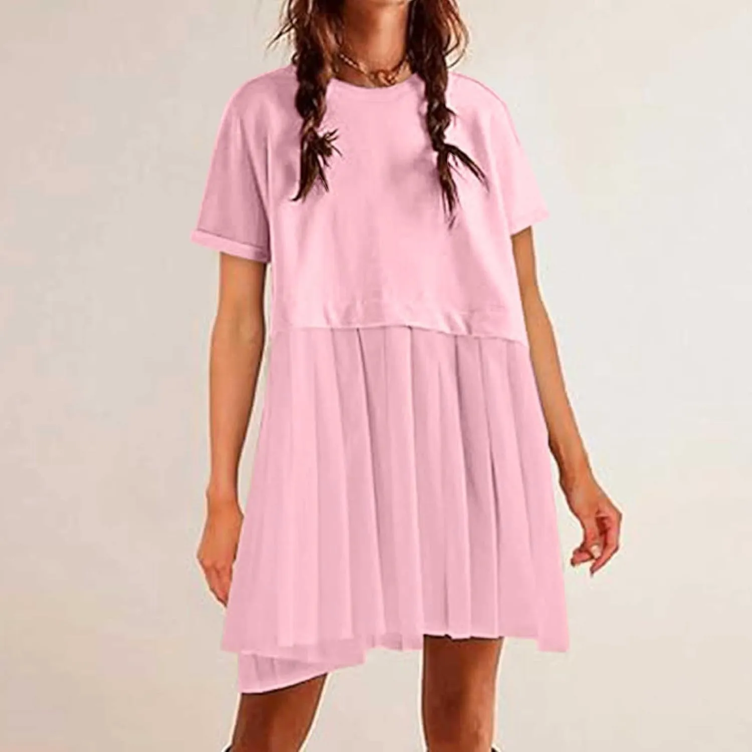 Womens Summer Crew Neck Short Sleeve Dress Classic Patchwork Pleated Flowy Swing Boho Beach A Line Mini Dresses