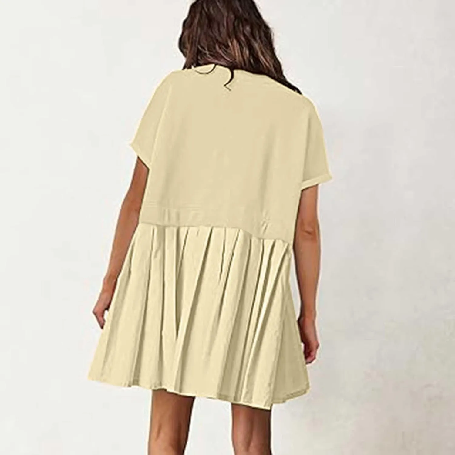 Womens Summer Crew Neck Short Sleeve Dress Classic Patchwork Pleated Flowy Swing Boho Beach A Line Mini Dresses