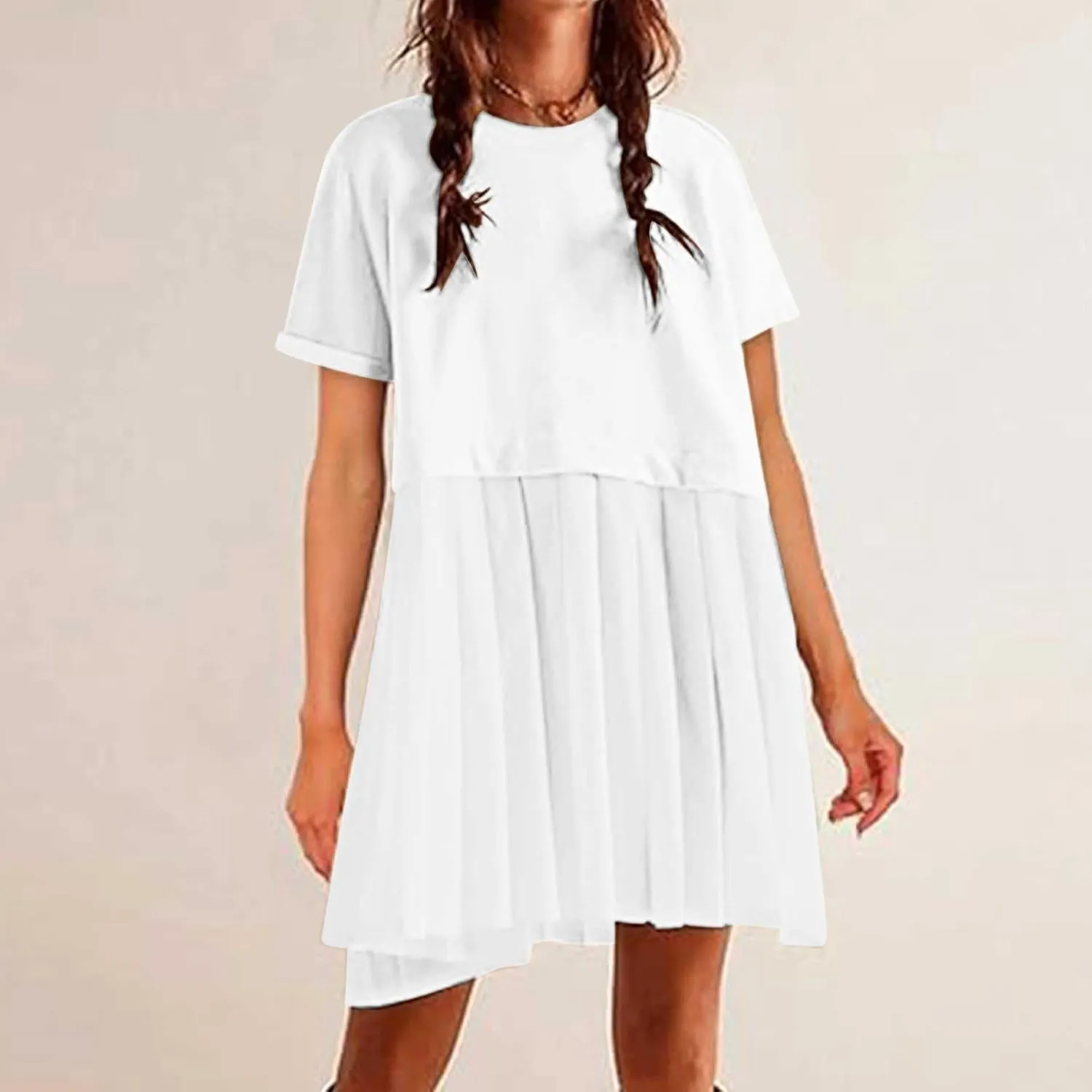 Womens Summer Crew Neck Short Sleeve Dress Classic Patchwork Pleated Flowy Swing Boho Beach A Line Mini Dresses