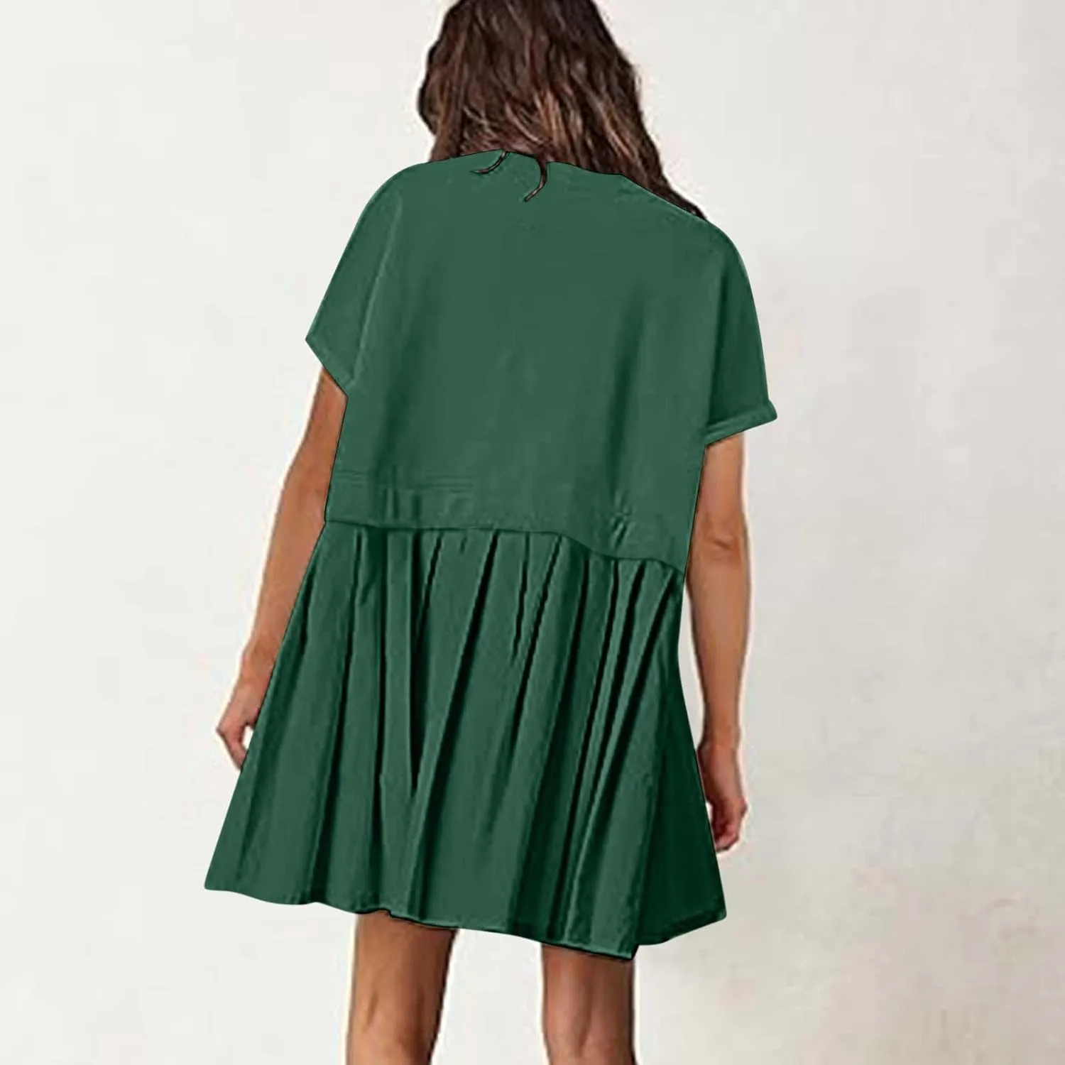 Womens Summer Crew Neck Short Sleeve Dress Classic Patchwork Pleated Flowy Swing Boho Beach A Line Mini Dresses