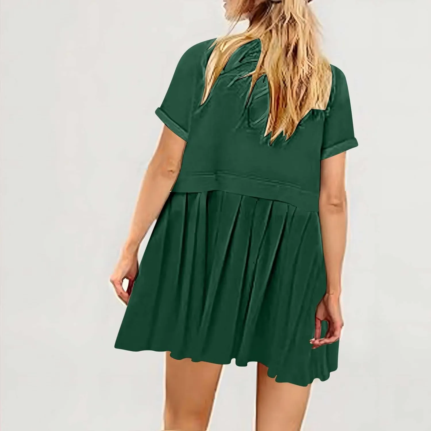 Womens Summer Crew Neck Short Sleeve Dress Classic Patchwork Pleated Flowy Swing Boho Beach A Line Mini Dresses