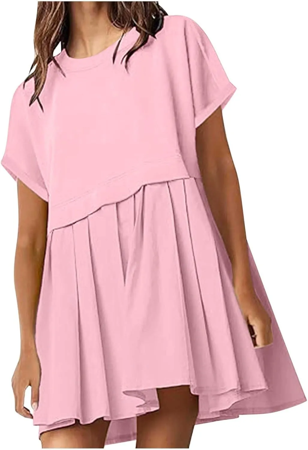 Womens Summer Crew Neck Short Sleeve Dress Classic Patchwork Pleated Flowy Swing Boho Beach A Line Mini Dresses