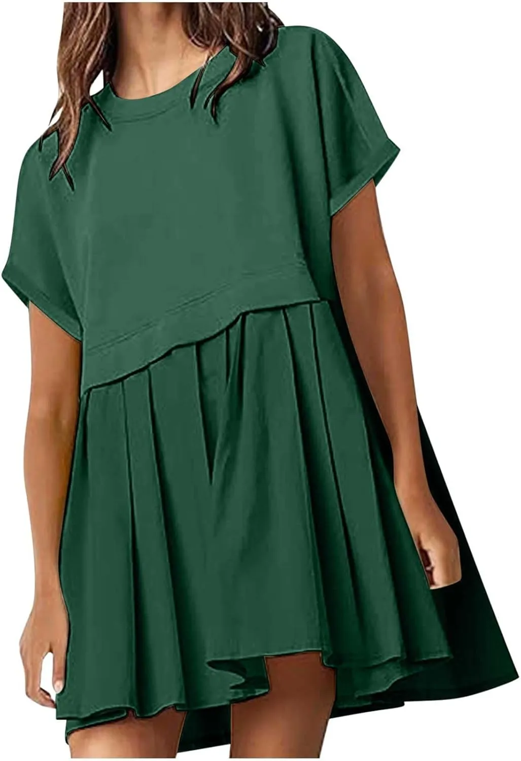 Womens Summer Crew Neck Short Sleeve Dress Classic Patchwork Pleated Flowy Swing Boho Beach A Line Mini Dresses