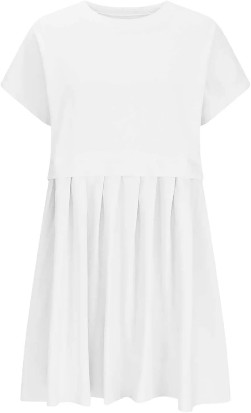 Womens Summer Crew Neck Short Sleeve Dress Classic Patchwork Pleated Flowy Swing Boho Beach A Line Mini Dresses