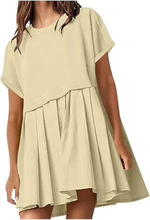 Womens Summer Crew Neck Short Sleeve Dress Classic Patchwork Pleated Flowy Swing Boho Beach A Line Mini Dresses