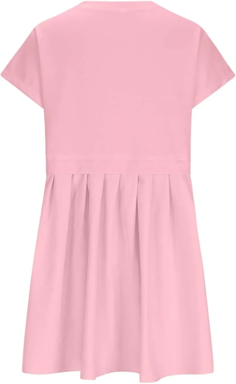 Womens Summer Crew Neck Short Sleeve Dress Classic Patchwork Pleated Flowy Swing Boho Beach A Line Mini Dresses