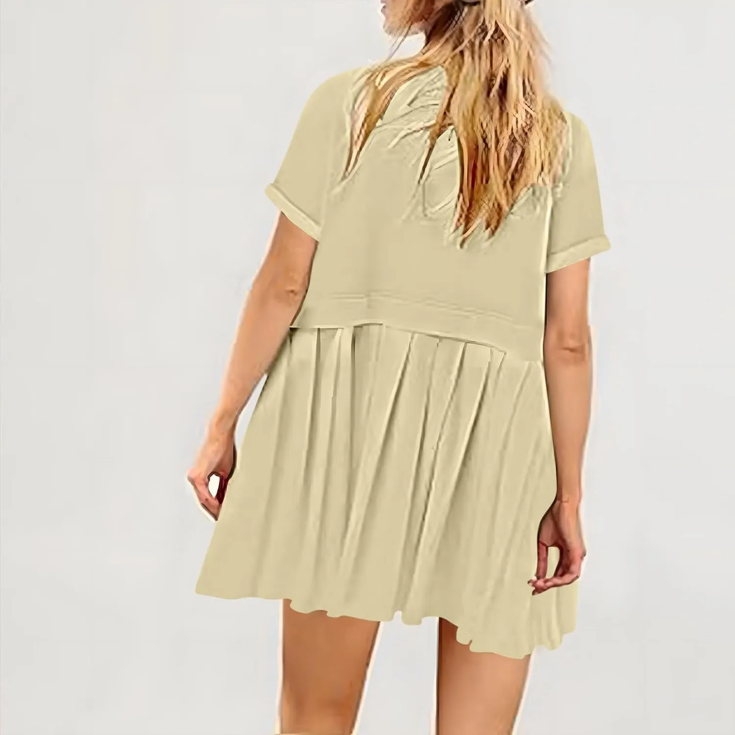 Womens Summer Crew Neck Short Sleeve Dress Classic Patchwork Pleated Flowy Swing Boho Beach A Line Mini Dresses