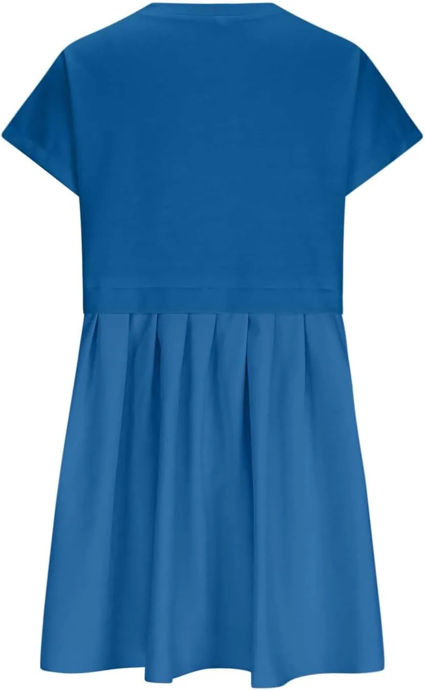 Womens Summer Crew Neck Short Sleeve Dress Classic Patchwork Pleated Flowy Swing Boho Beach A Line Mini Dresses