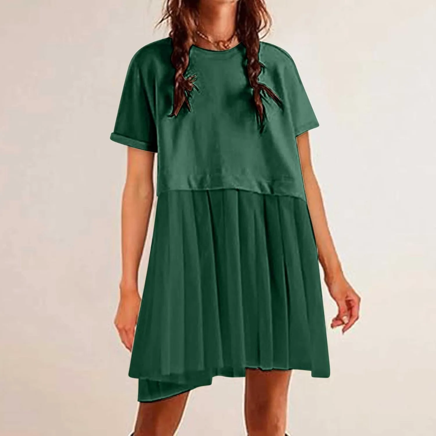 Womens Summer Crew Neck Short Sleeve Dress Classic Patchwork Pleated Flowy Swing Boho Beach A Line Mini Dresses