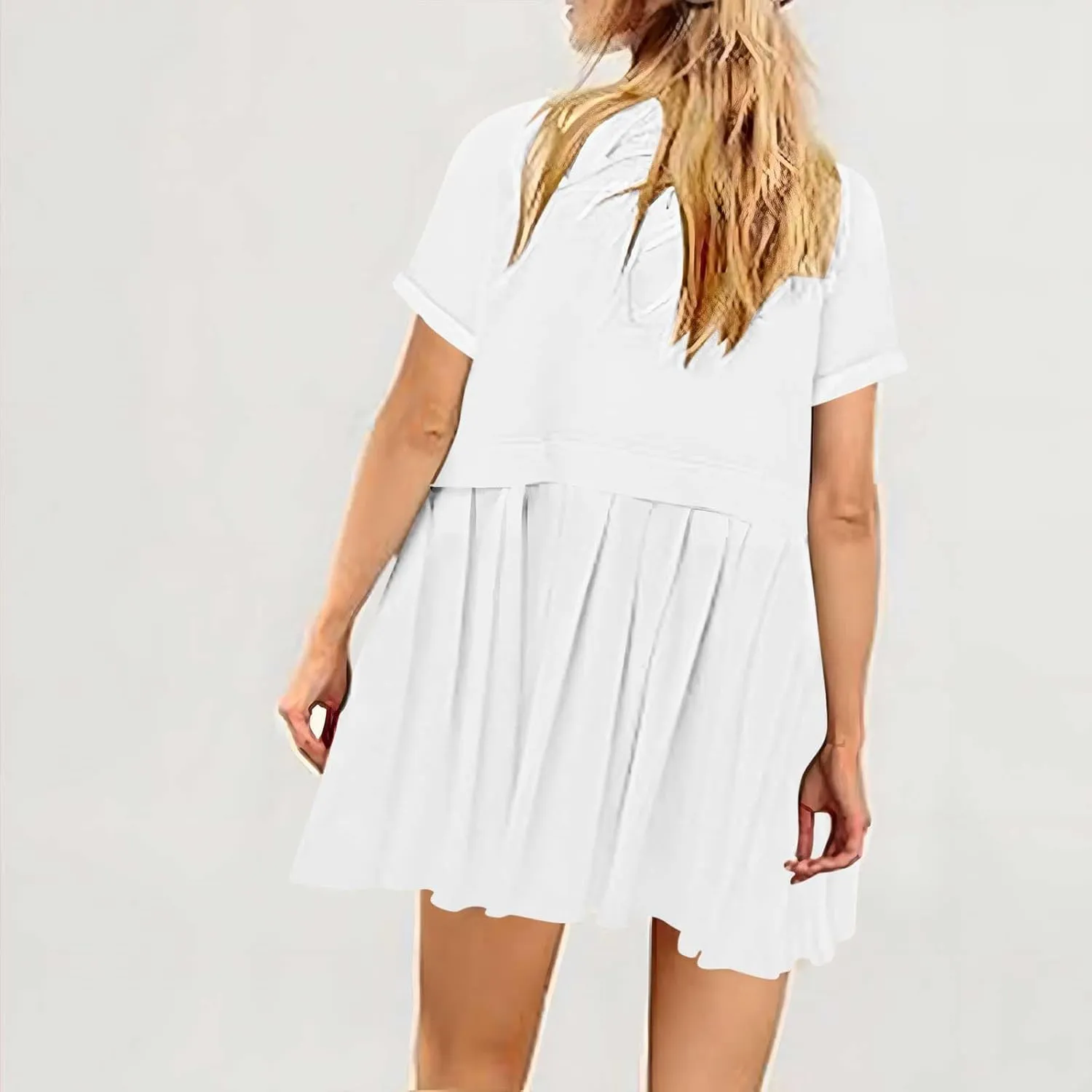 Womens Summer Crew Neck Short Sleeve Dress Classic Patchwork Pleated Flowy Swing Boho Beach A Line Mini Dresses