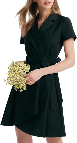 Women's Summer Dress 3/4 Sleeve Casual Boho V-Neck Pleated Lace Up Wrap Flowy Midi Dress Wedding Guest Dresses