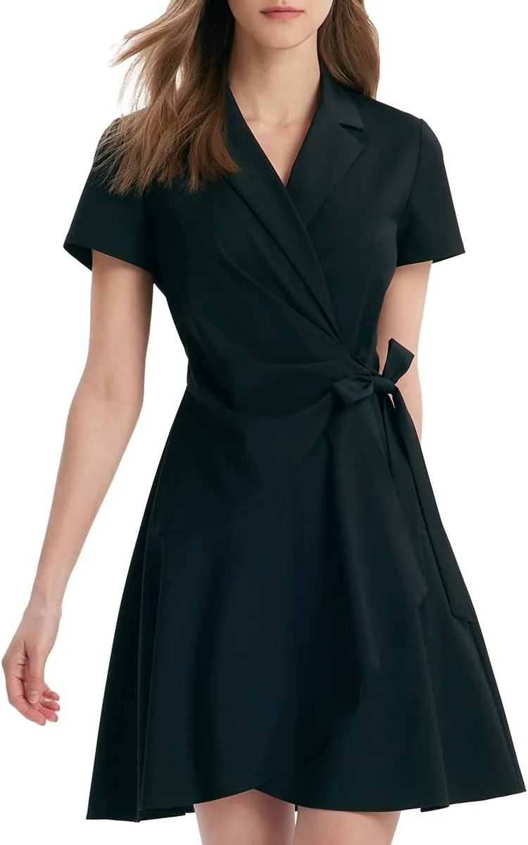 Women's Summer Dress 3/4 Sleeve Casual Boho V-Neck Pleated Lace Up Wrap Flowy Midi Dress Wedding Guest Dresses