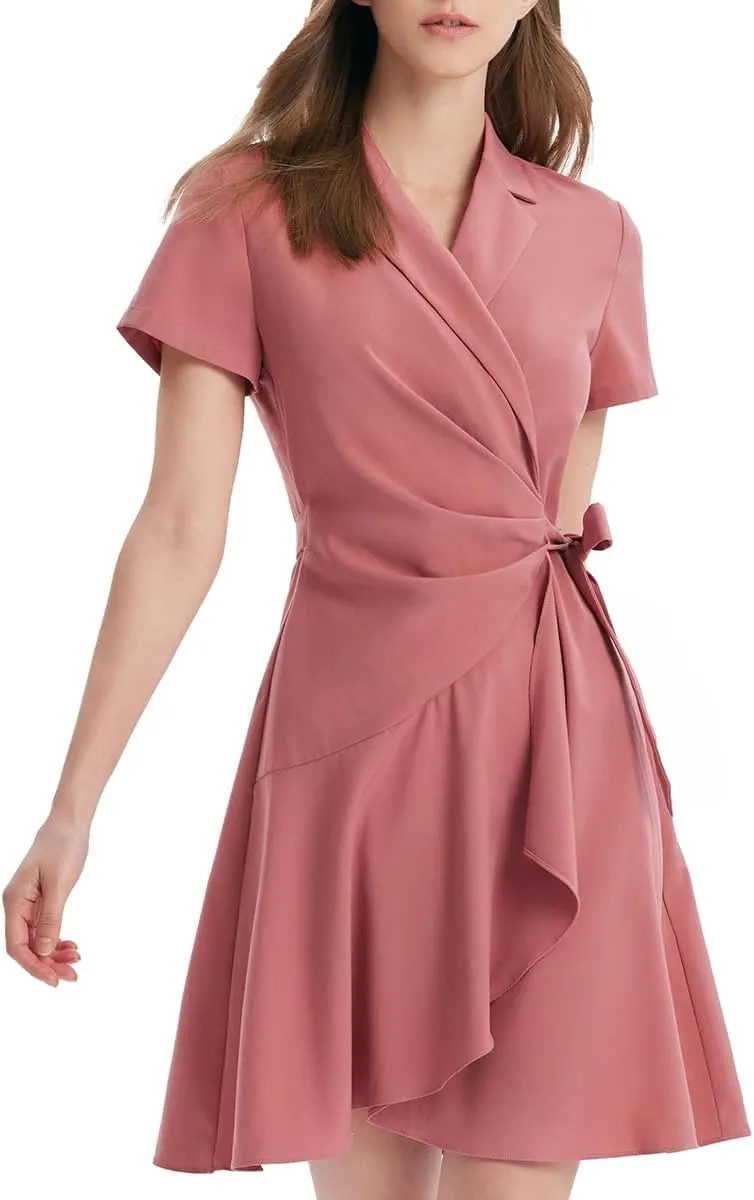Women's Summer Dress 3/4 Sleeve Casual Boho V-Neck Pleated Lace Up Wrap Flowy Midi Dress Wedding Guest Dresses
