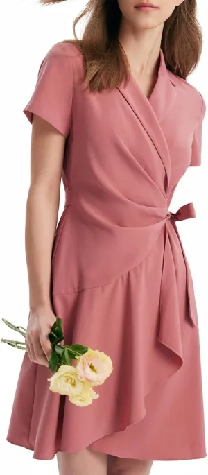 Women's Summer Dress 3/4 Sleeve Casual Boho V-Neck Pleated Lace Up Wrap Flowy Midi Dress Wedding Guest Dresses