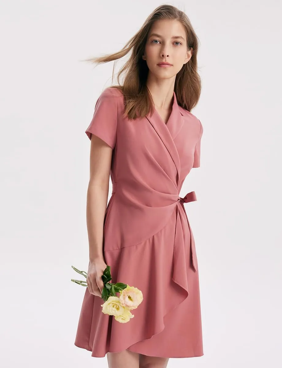 Women's Summer Dress 3/4 Sleeve Casual Boho V-Neck Pleated Lace Up Wrap Flowy Midi Dress Wedding Guest Dresses