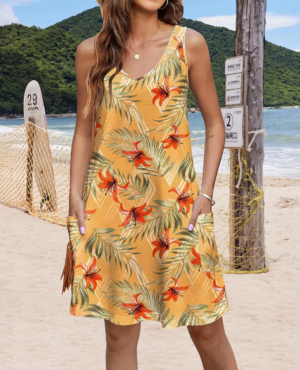 Womens Summer Dresses 2024 Loose V Neck Tank Dress Casual Beach Sun Sleeveless Sundress with Pockets