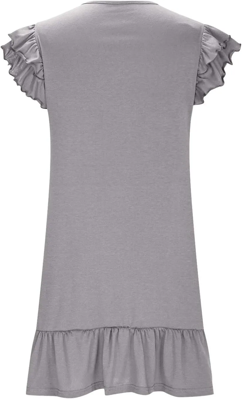 Womens Summer Dresses 2025 Ruffle Short Sleeve Smocked V Neck Casual Loose A-Line Swing Mini Dress Sundress Y2k Flowy Dresses