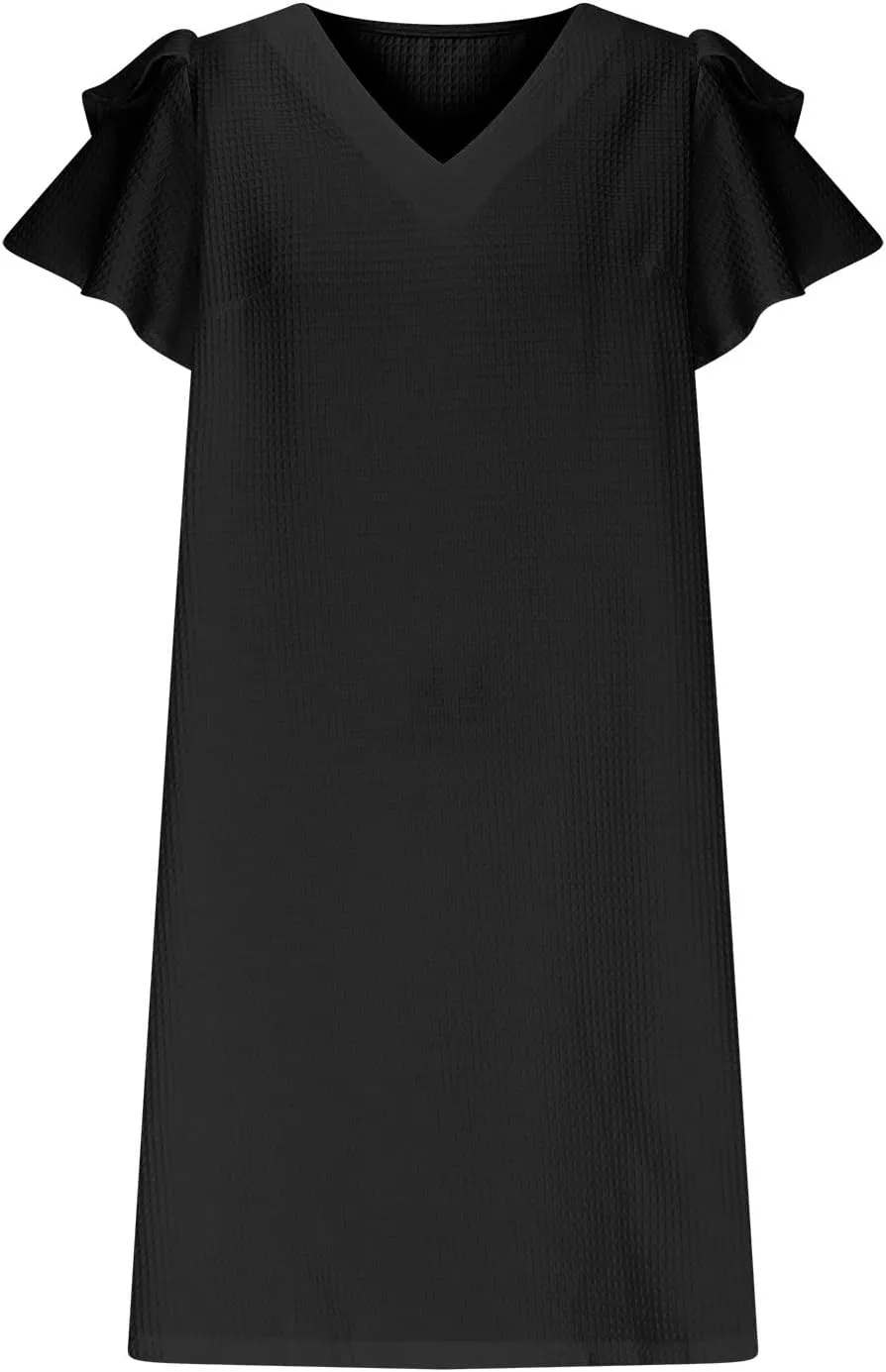 Women's Summer Dresses Beach 2025 Casual V Neck Loose Outfits Ruffle Sleeve Mini Dress Solid Color Tunic Sundress
