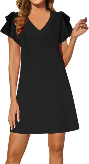 Women's Summer Dresses Beach 2025 Casual V Neck Loose Outfits Ruffle Sleeve Mini Dress Solid Color Tunic Sundress