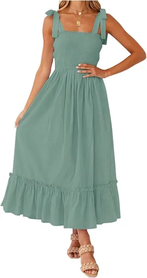 Women's Summer Dresses Casual Loose Square Neck Sleeveless Strap Maxi Dress Classic Solid Color Ruffle Hem Sundress