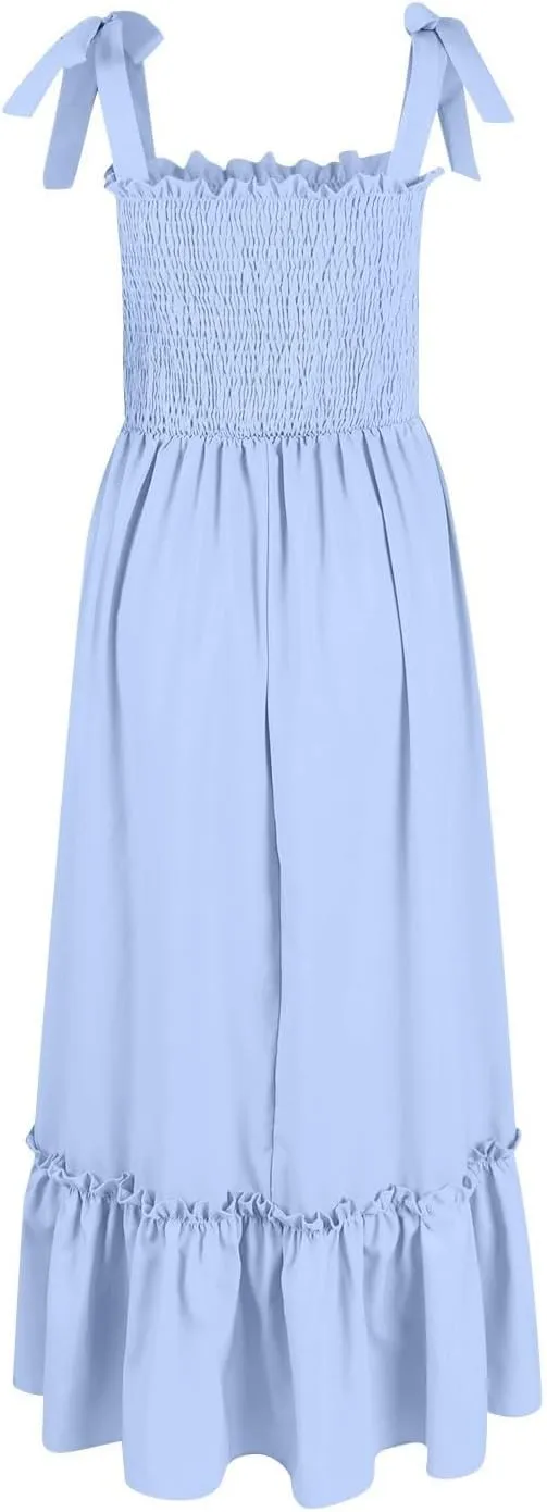 Women's Summer Dresses Casual Loose Square Neck Sleeveless Strap Maxi Dress Classic Solid Color Ruffle Hem Sundress