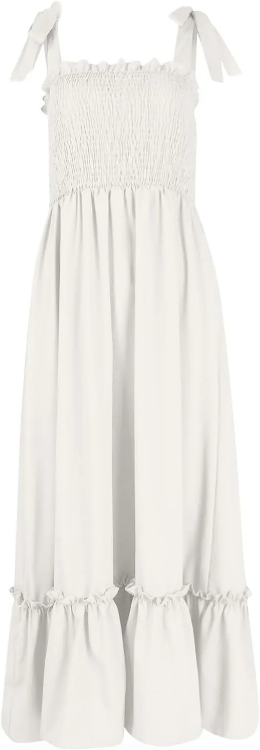 Women's Summer Dresses Casual Loose Square Neck Sleeveless Strap Maxi Dress Classic Solid Color Ruffle Hem Sundress