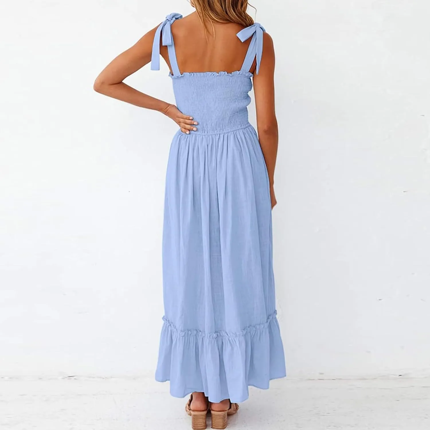 Women's Summer Dresses Casual Loose Square Neck Sleeveless Strap Maxi Dress Classic Solid Color Ruffle Hem Sundress