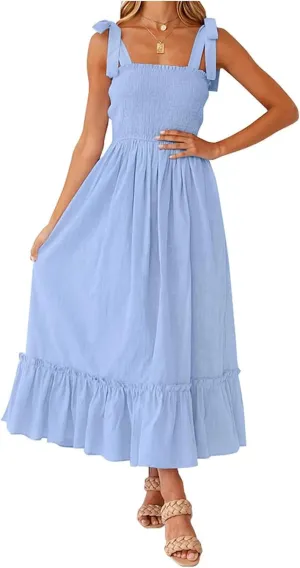 Women's Summer Dresses Casual Loose Square Neck Sleeveless Strap Maxi Dress Classic Solid Color Ruffle Hem Sundress