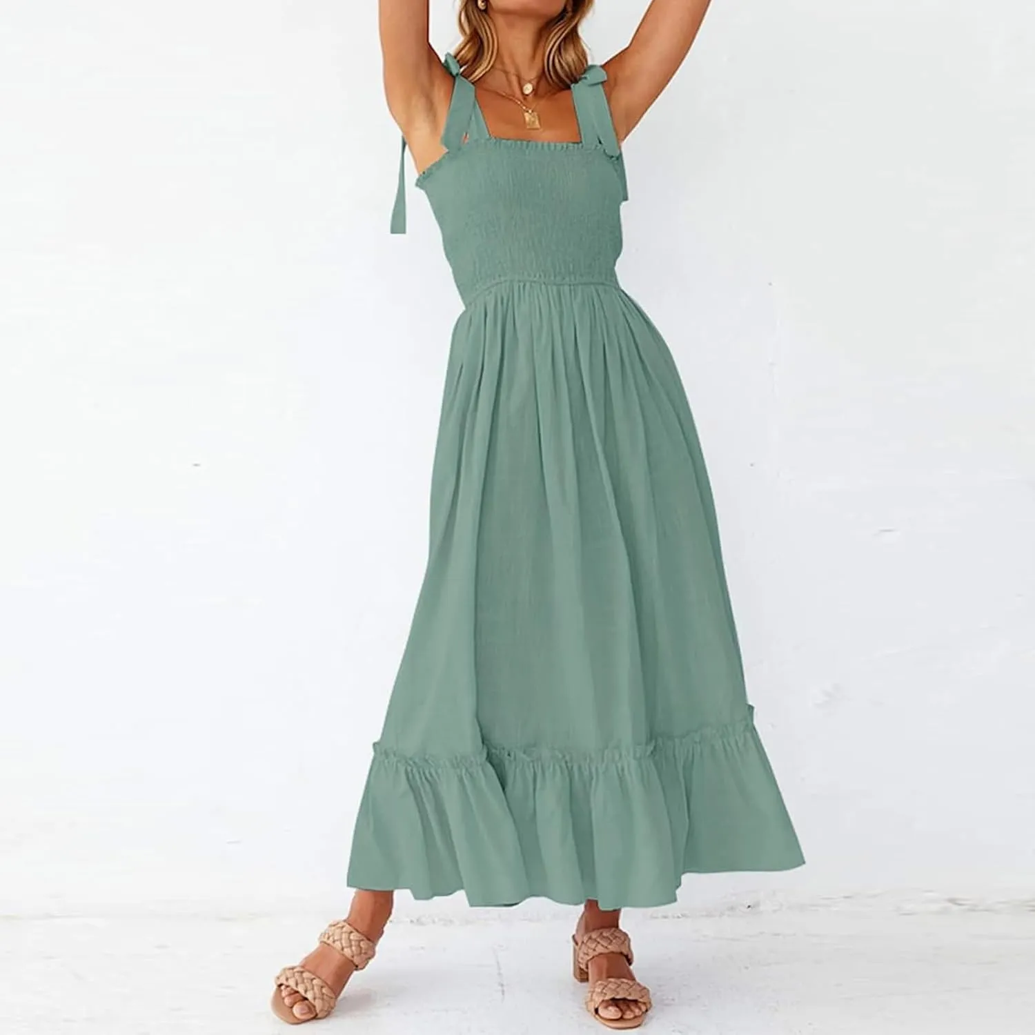 Women's Summer Dresses Casual Loose Square Neck Sleeveless Strap Maxi Dress Classic Solid Color Ruffle Hem Sundress