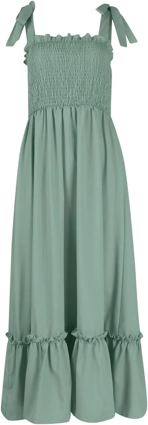 Women's Summer Dresses Casual Loose Square Neck Sleeveless Strap Maxi Dress Classic Solid Color Ruffle Hem Sundress