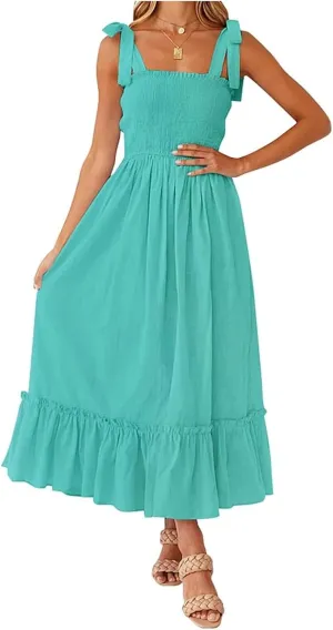Women's Summer Dresses Casual Loose Square Neck Sleeveless Strap Maxi Dress Classic Solid Color Ruffle Hem Sundress