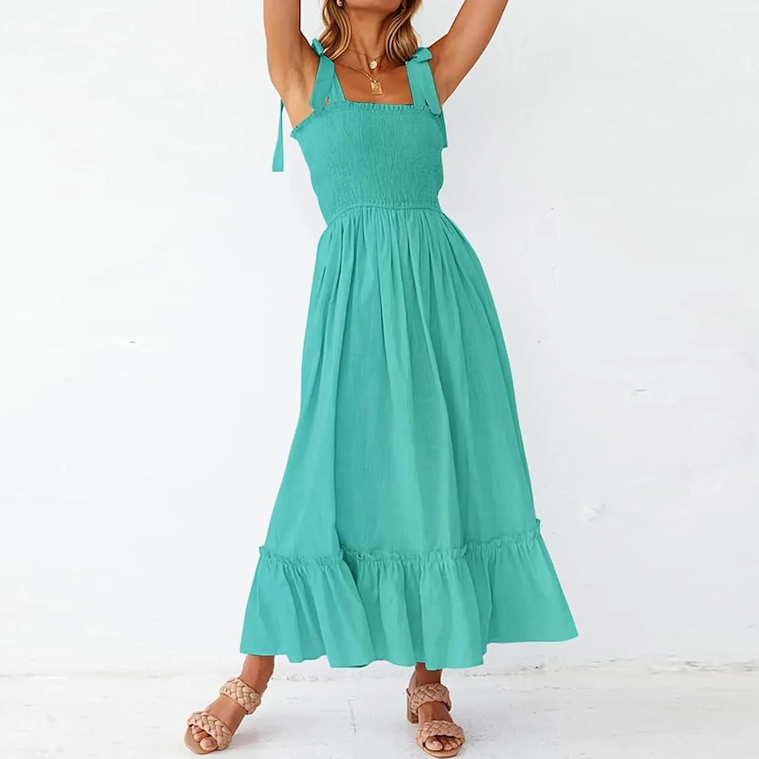 Women's Summer Dresses Casual Loose Square Neck Sleeveless Strap Maxi Dress Classic Solid Color Ruffle Hem Sundress