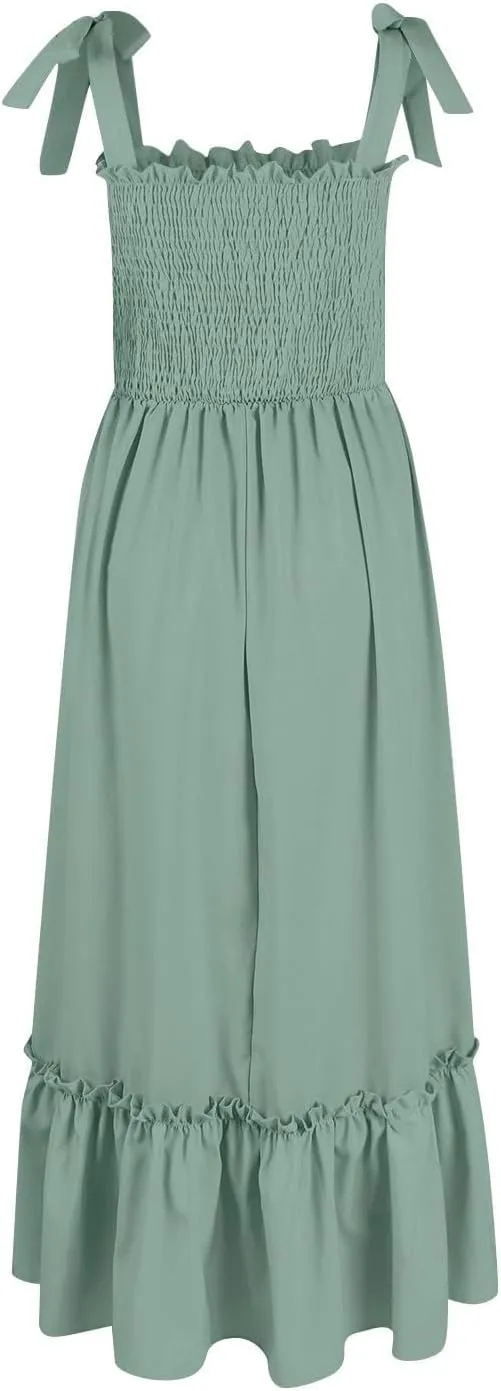 Women's Summer Dresses Casual Loose Square Neck Sleeveless Strap Maxi Dress Classic Solid Color Ruffle Hem Sundress