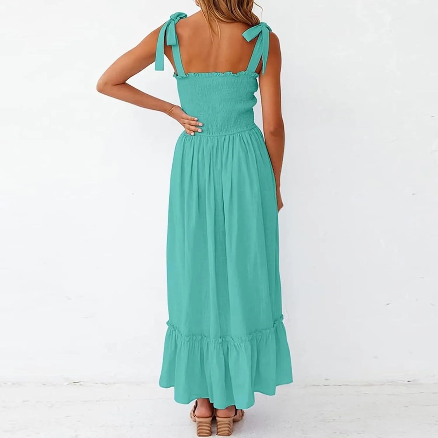 Women's Summer Dresses Casual Loose Square Neck Sleeveless Strap Maxi Dress Classic Solid Color Ruffle Hem Sundress