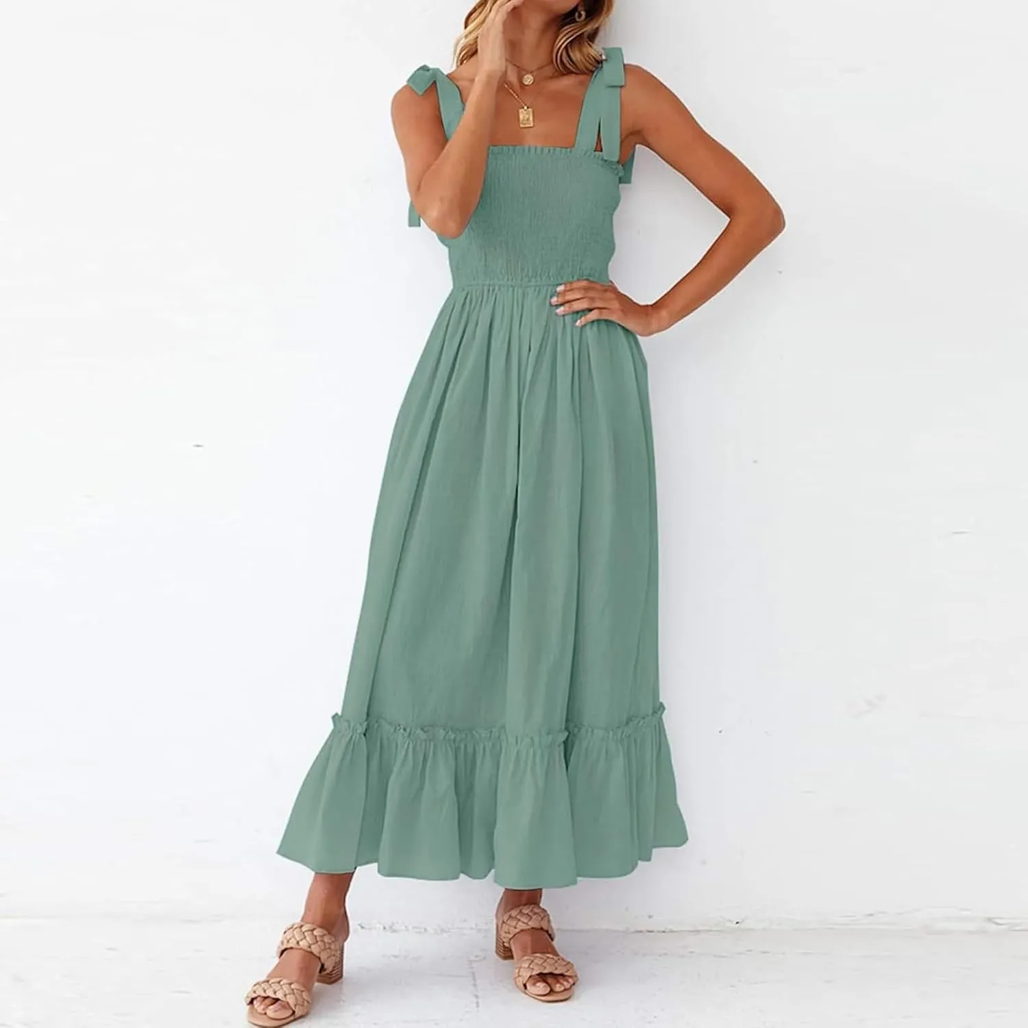 Women's Summer Dresses Casual Loose Square Neck Sleeveless Strap Maxi Dress Classic Solid Color Ruffle Hem Sundress