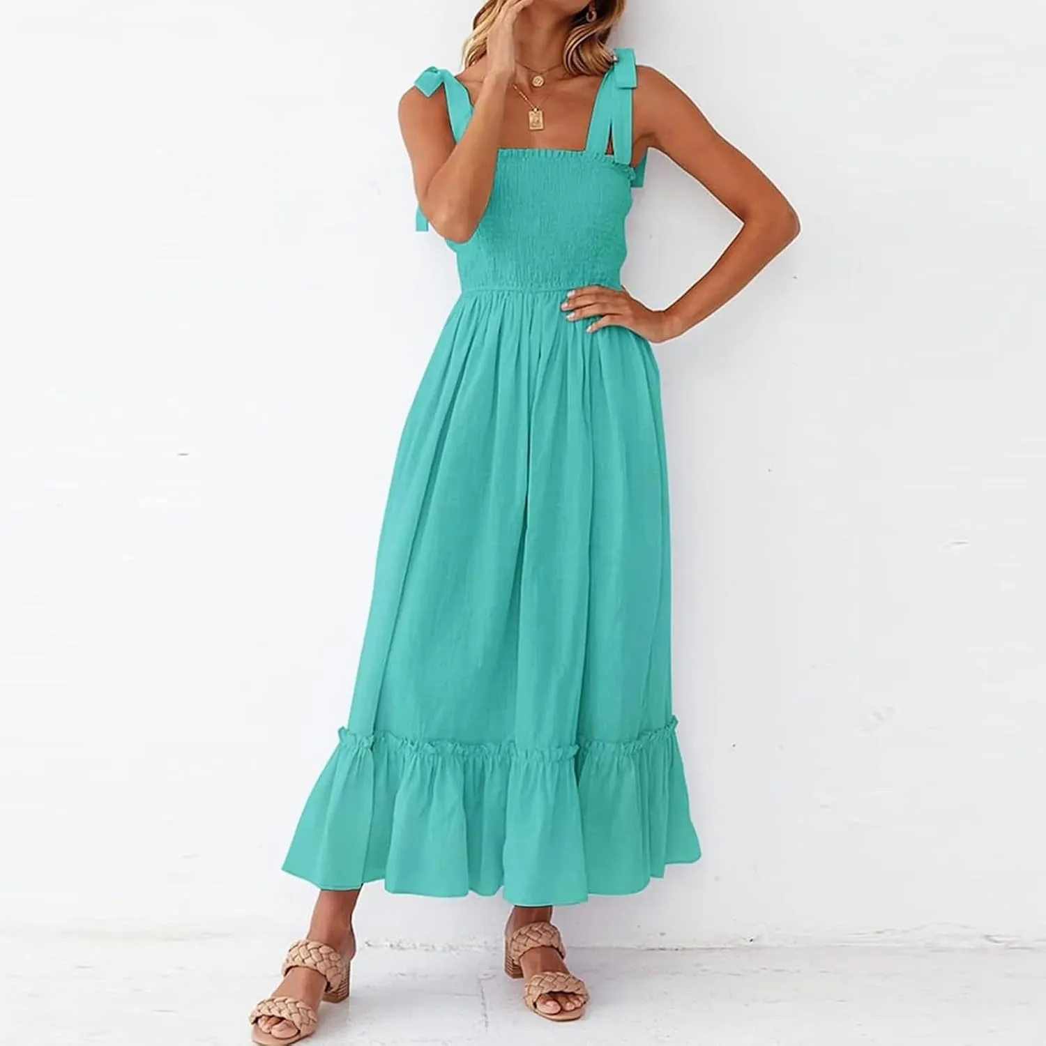 Women's Summer Dresses Casual Loose Square Neck Sleeveless Strap Maxi Dress Classic Solid Color Ruffle Hem Sundress