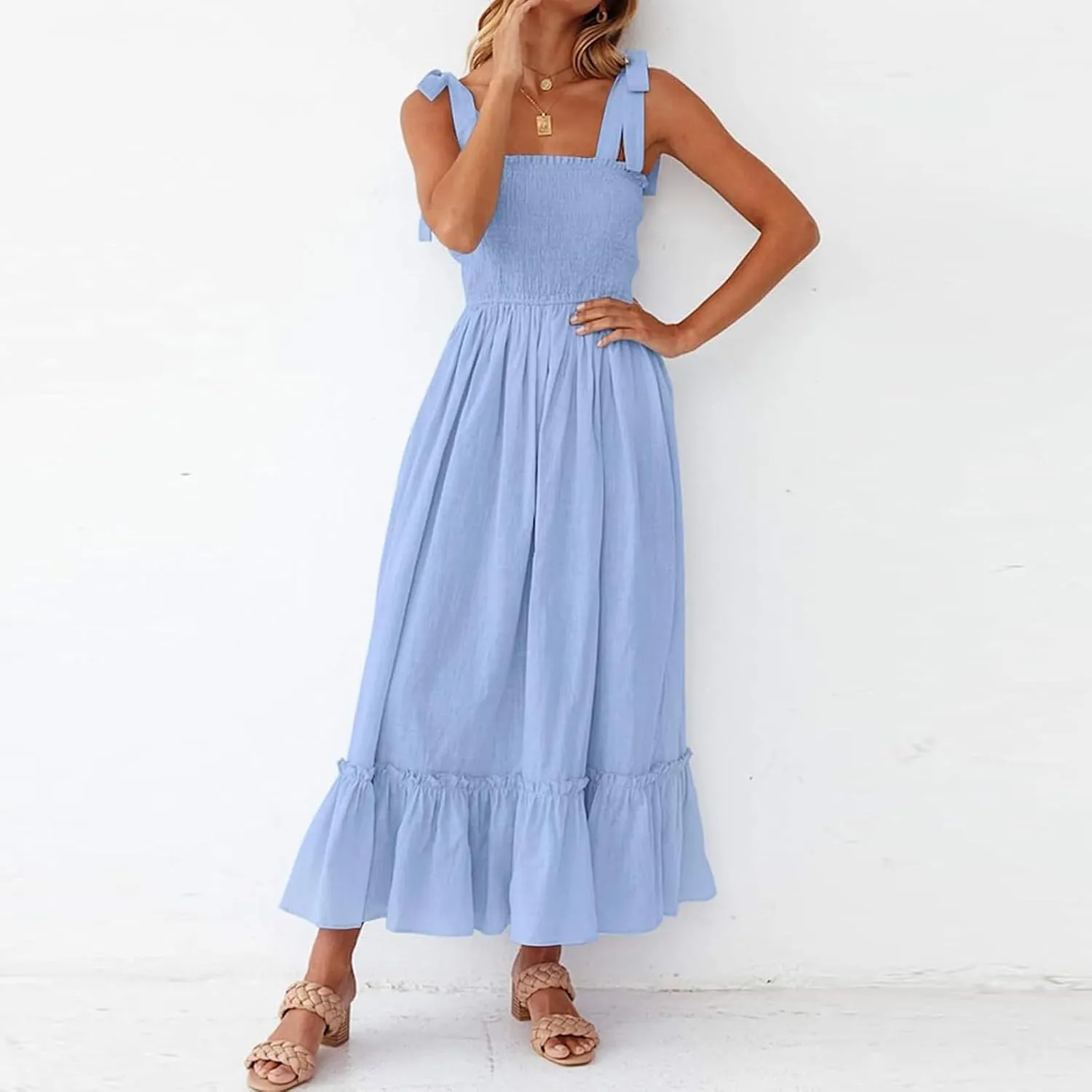 Women's Summer Dresses Casual Loose Square Neck Sleeveless Strap Maxi Dress Classic Solid Color Ruffle Hem Sundress