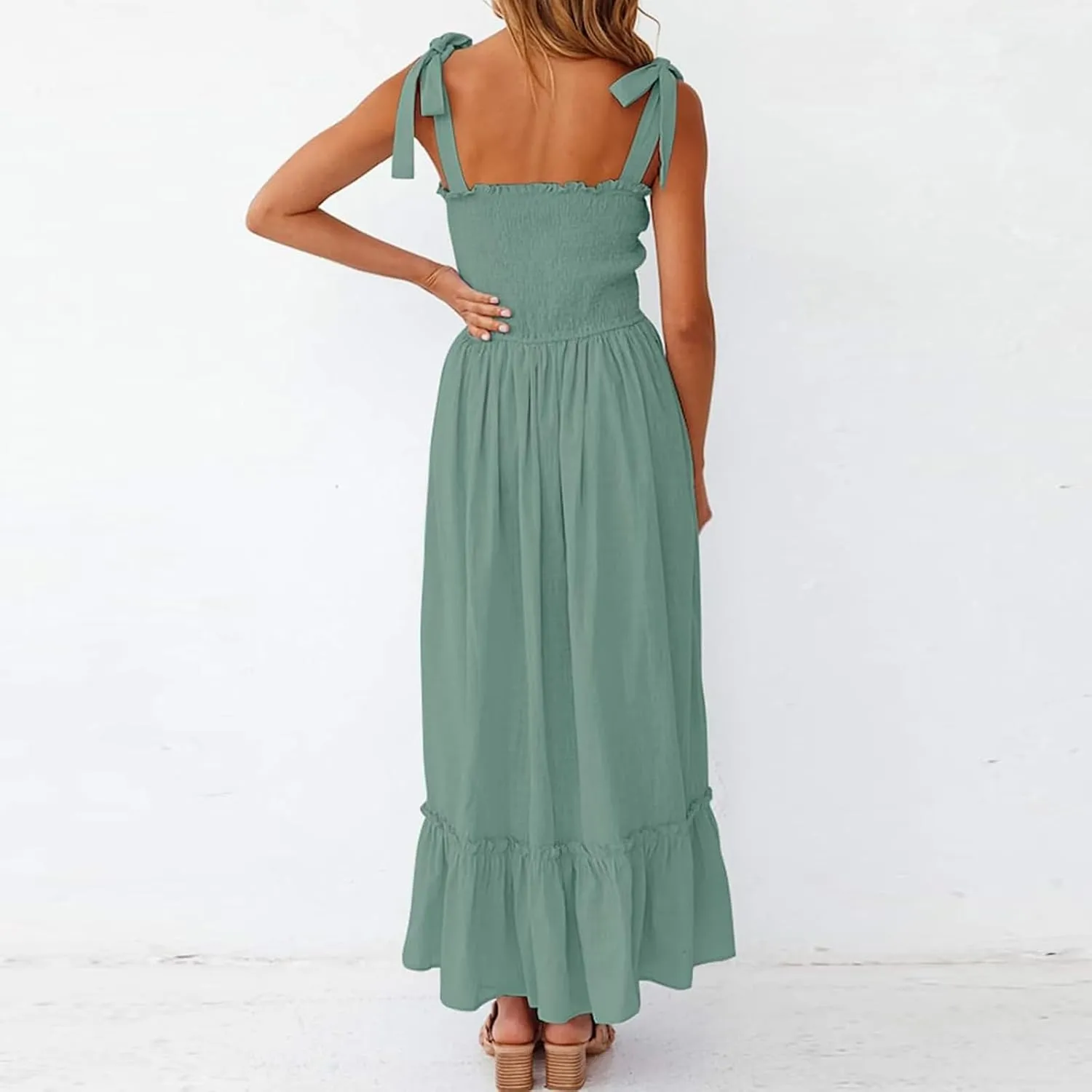 Women's Summer Dresses Casual Loose Square Neck Sleeveless Strap Maxi Dress Classic Solid Color Ruffle Hem Sundress