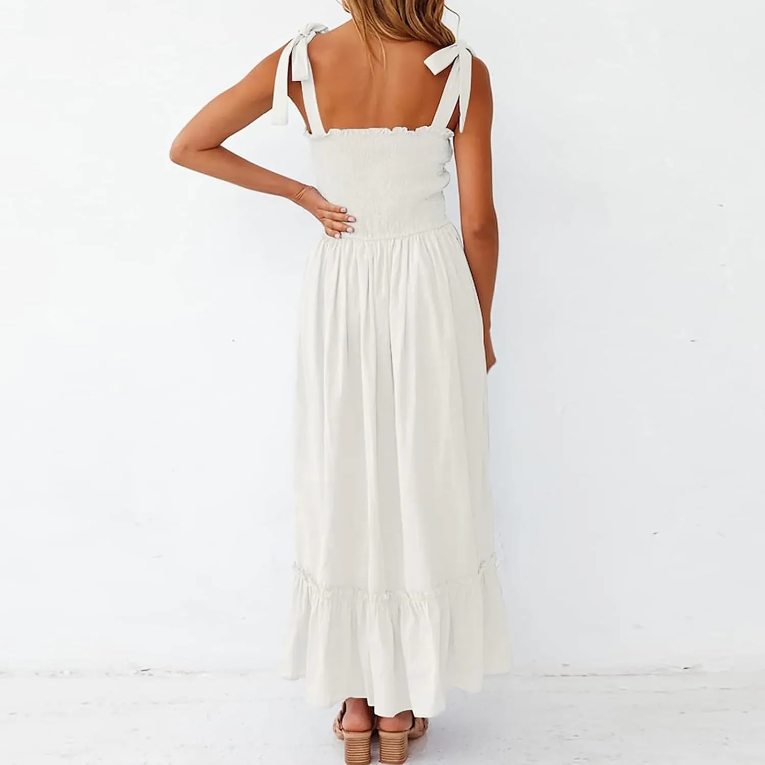 Women's Summer Dresses Casual Loose Square Neck Sleeveless Strap Maxi Dress Classic Solid Color Ruffle Hem Sundress
