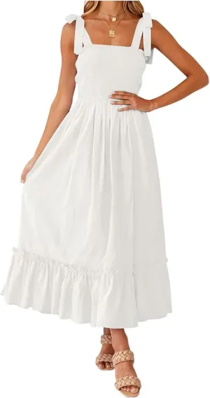 Women's Summer Dresses Casual Loose Square Neck Sleeveless Strap Maxi Dress Classic Solid Color Ruffle Hem Sundress