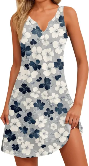 Womens Summer Dresses Casual Sleeveless Boho Beach Mini Sundress V Neck Slit Floral Printed A Line Tank Dress