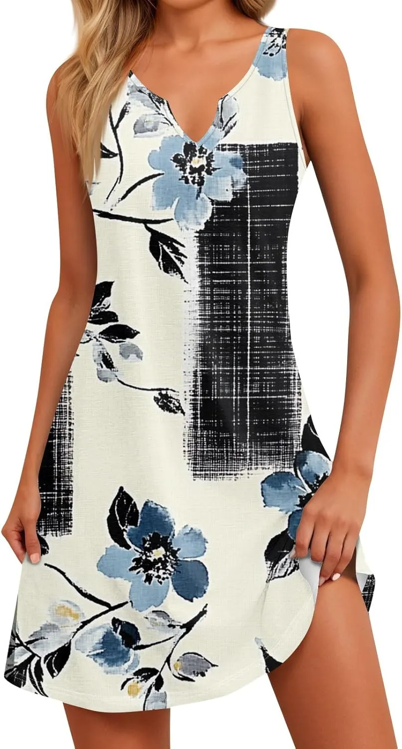 Womens Summer Dresses Casual Sleeveless Boho Beach Mini Sundress V Neck Slit Floral Printed A Line Tank Dress