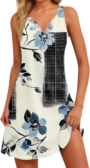 Womens Summer Dresses Casual Sleeveless Boho Beach Mini Sundress V Neck Slit Floral Printed A Line Tank Dress